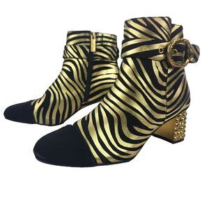Kurt Geiger Women Zebra Print Black Gold Leather Stud Ankle Boots 6.5